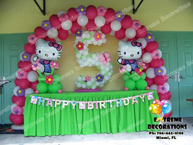 Hello kitty Party Decoration - Cake table with Balloon arch  - age balloon sculpture 